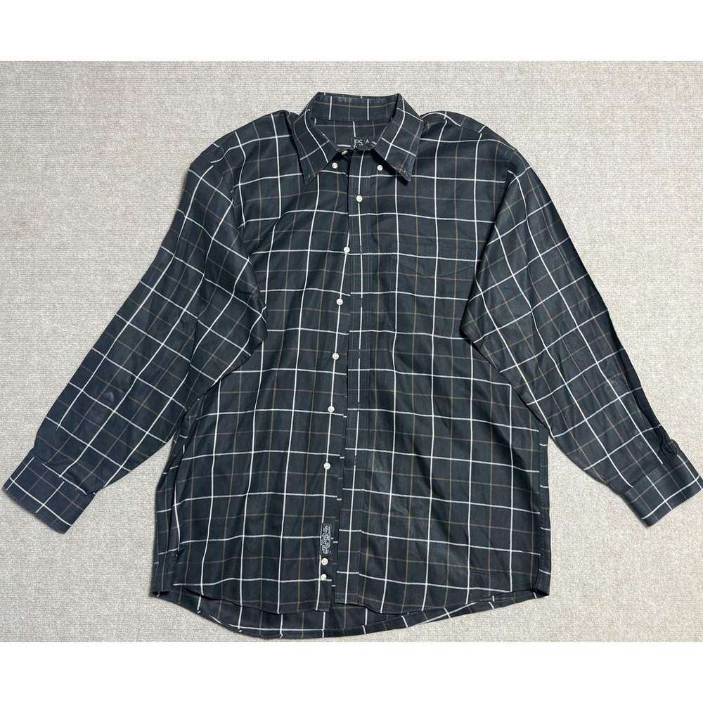 Jos A Bank Shirt Mens Large Black Plaid Traveler's Collection Button Down Cotton